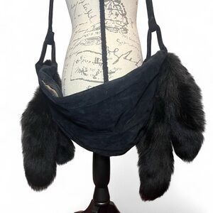Vintage Black Suede Fox Tail Crossbody Bag